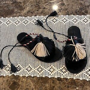 Johnny Was x Antik Batik Youri Black Leather Tassel Ankle Wrap Boho Sandal EU 38